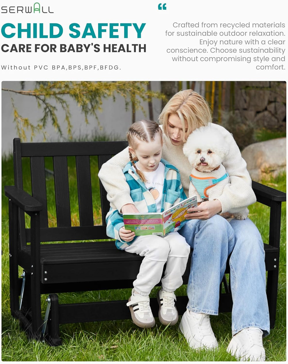 SERWALL 2 Person Patio Glider Bench, HDPE All Weather Swinging Bench, Black