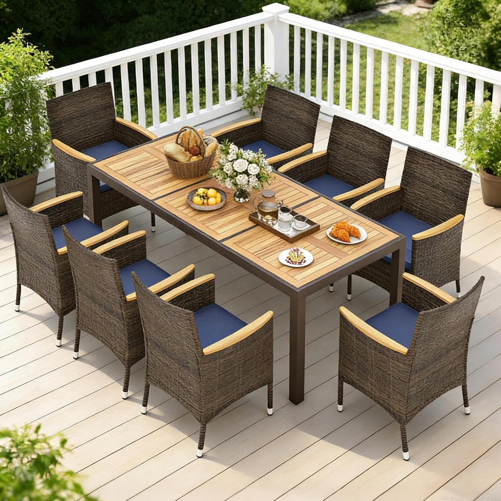 COSTWAY 9-Piece Patio Rattan Wicker Dining Set for 8 with Umbrella Hole