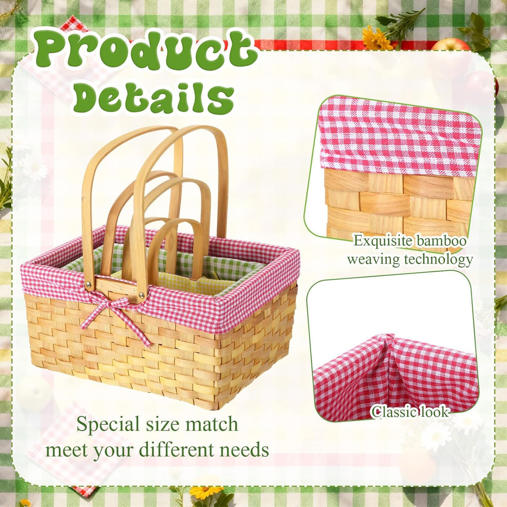 3 Pcs Different Sizes Picnic Basket with Handles Spring Plaid Gingham Checker...