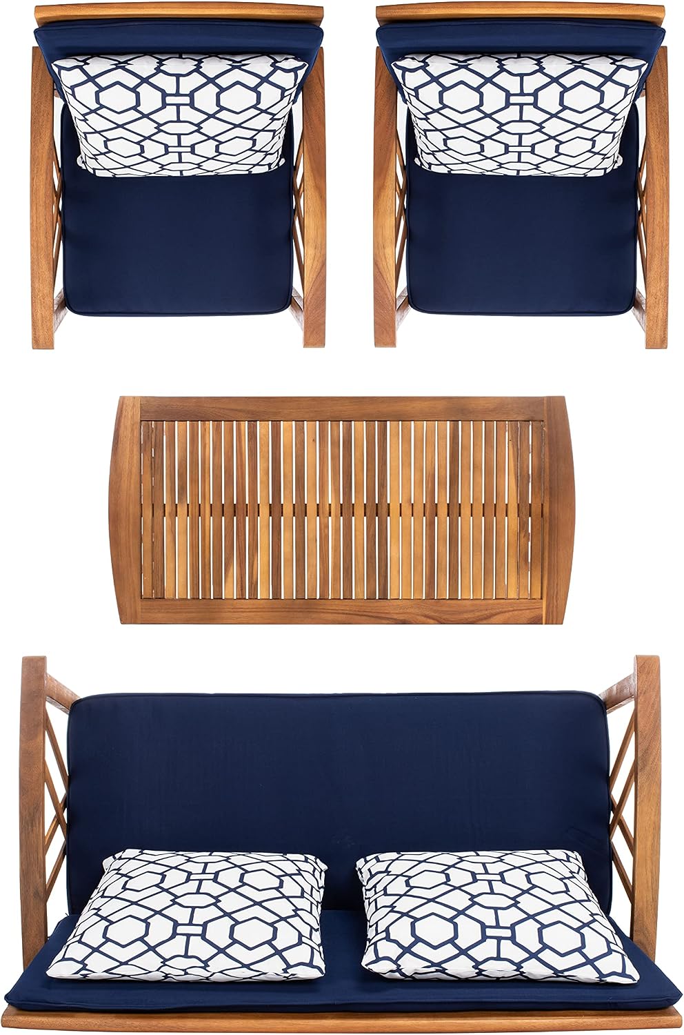 SAFAVIEH Outdoor Collection Fontana Natural/ Navy Blue Cushions/ Geometric Pa...