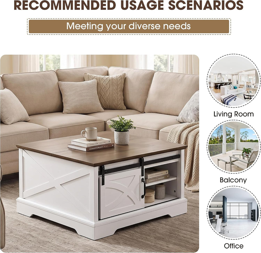 31.5" Farmhouse Coffee Table with Storage, Hinged Lift Top Coffee Table