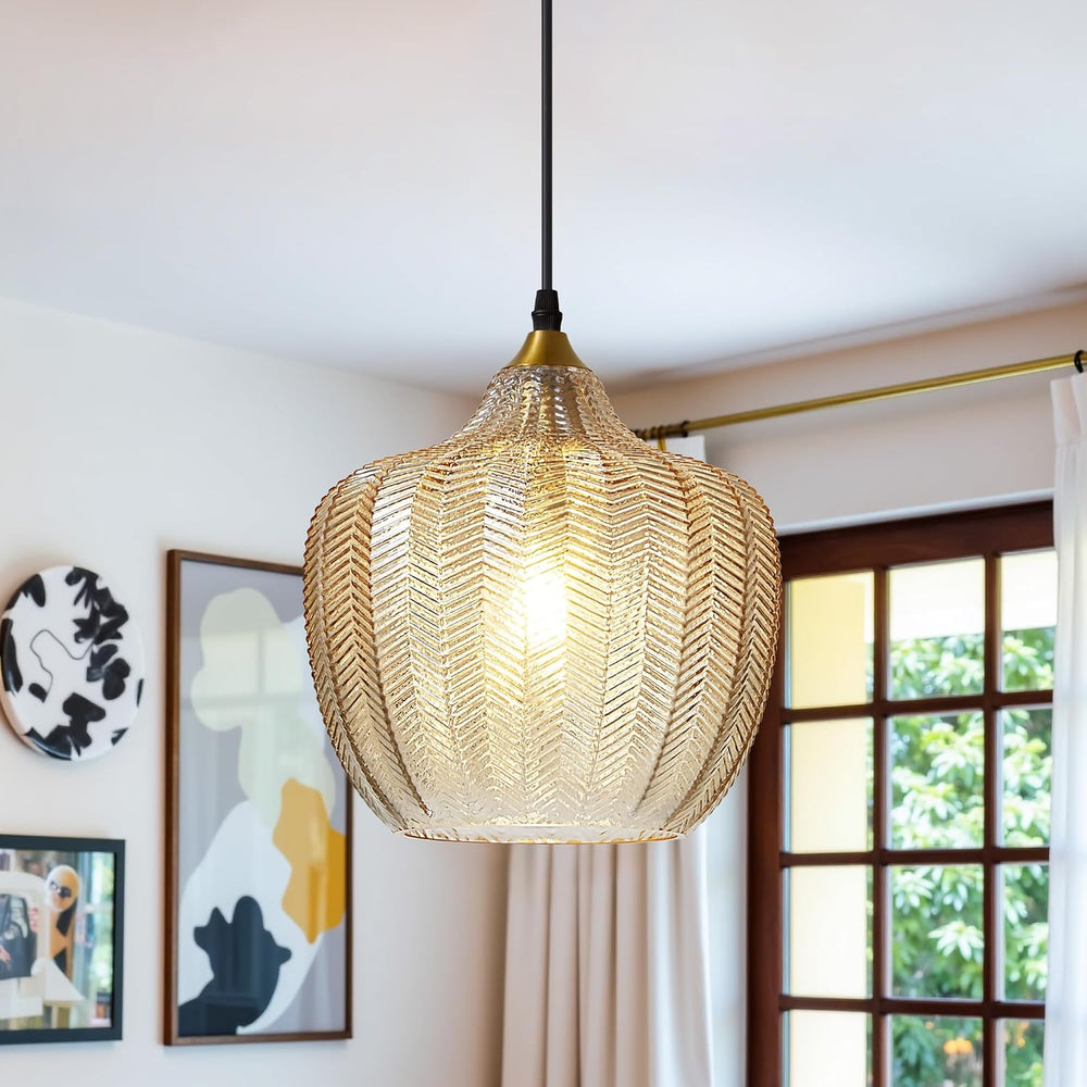 Amber Glass Pendant Lights Kitchen Island Gold Hanging Ceiling Light 9.45"