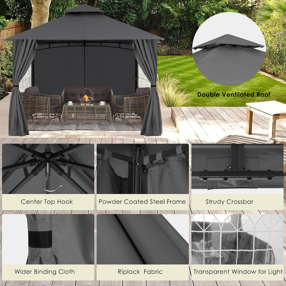 MASTERCANOPY 10x12 ft Patio Gazebo with Windows Curtains, Dark Gray