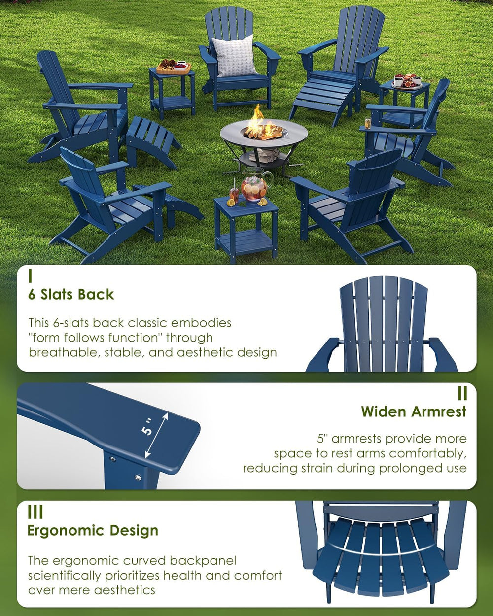 GREENVINES Oversized Adirondack Chairs Set of 6, All Weather HDPE, Blue