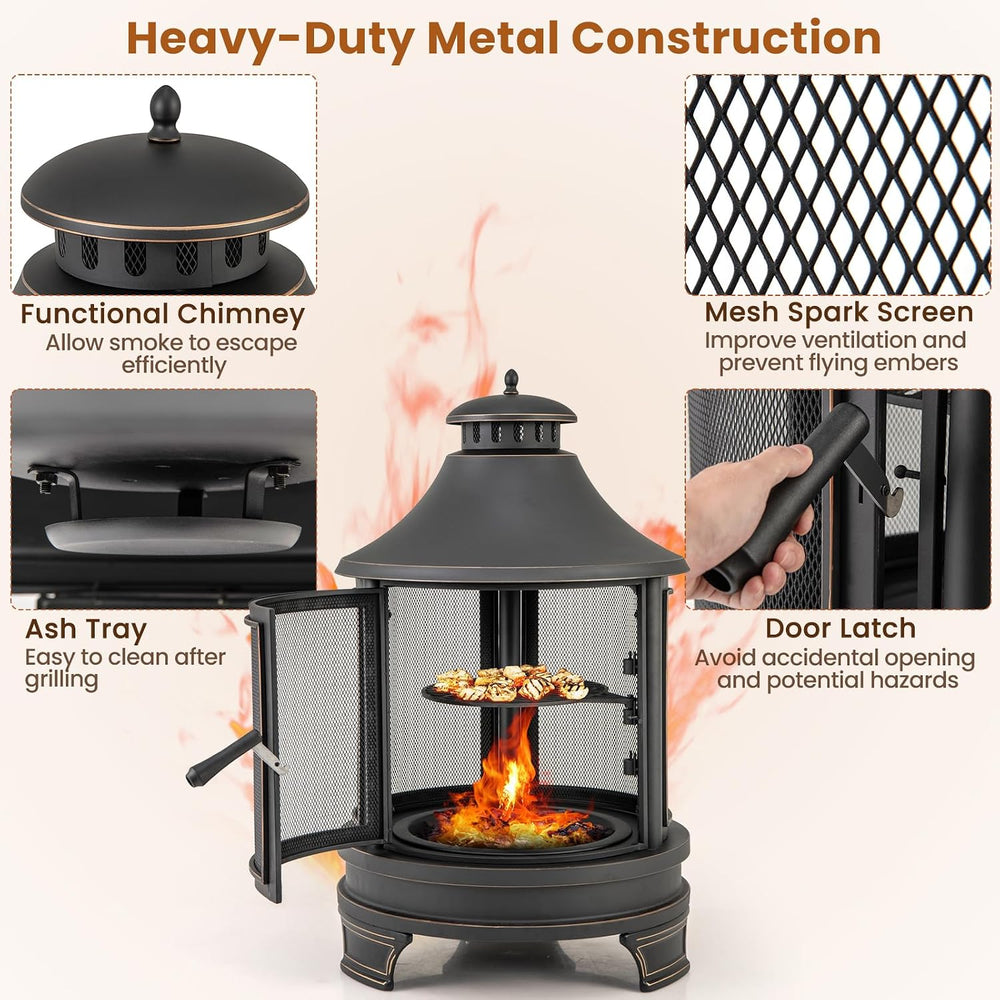 Giantex 2 in 1 Outdoor Fire Pit with Grill, 30 Inch Metal Chiminea, Wood Burn...