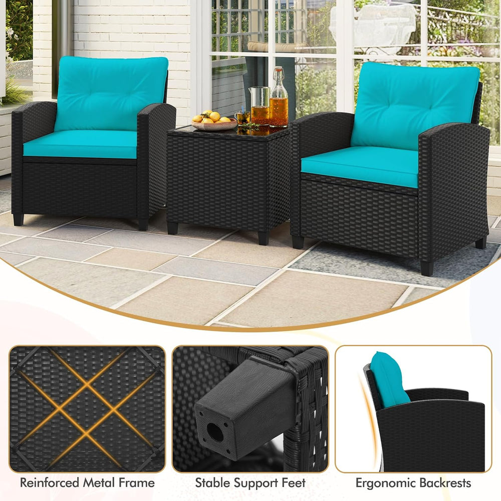 HAPPYGRILL 3 Pieces Wicker Patio Conversation Set, PE Rattan Bistro Sofa Set ...