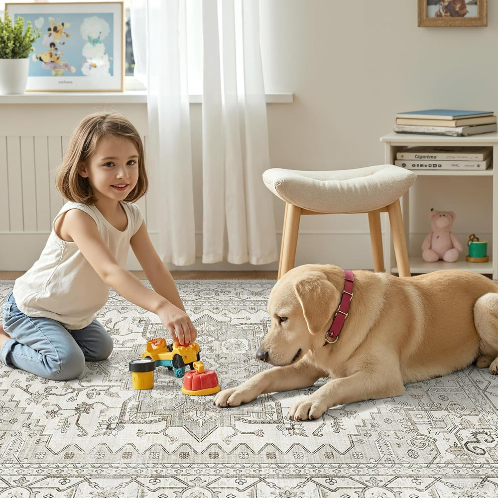 befbee Washable Area Rug 8x10, Large Neutral Beige Carpet for Living Room