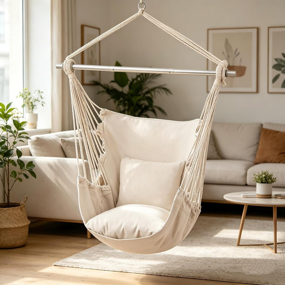 MoNiBloom Hammock Chair Hanging Rope Swing w/2 Cushions, Beige
