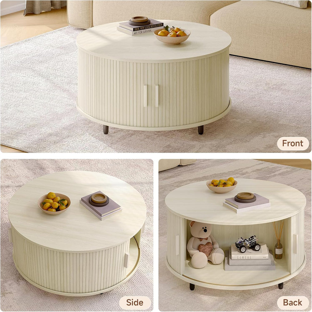 ONBRILL 31.5" Round Coffee Table w/Storage Adjustable Footpad Natural White