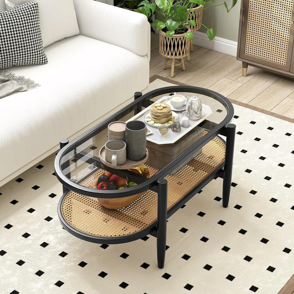 GIANTEX Rattan Coffee Table, 40" Wood Oval Center Table, Black