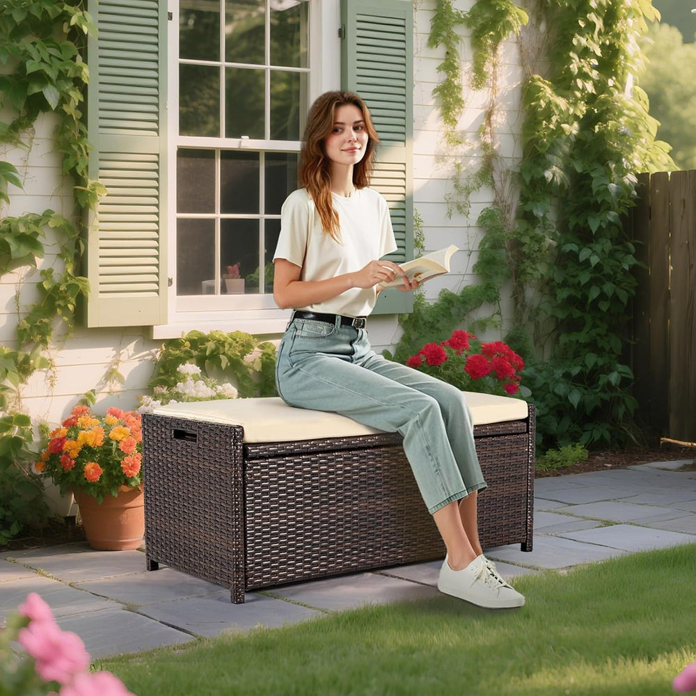 Tappio Deck Box Outdoor Storage Box Bench, PE Rattan Storage Bin with Built-i...