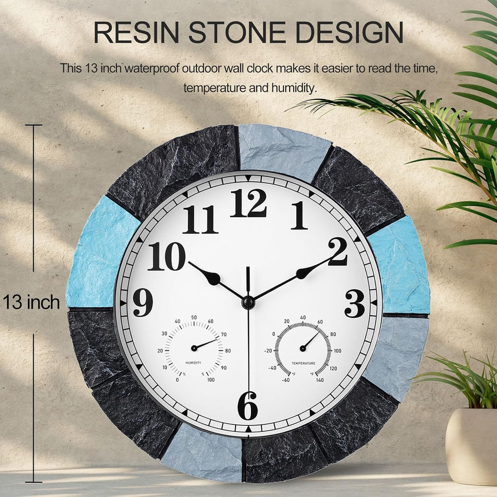 JoFomp 13 Inch Resin Faux-Stone Outdoor Clocks Waterproof with Thermometer an...
