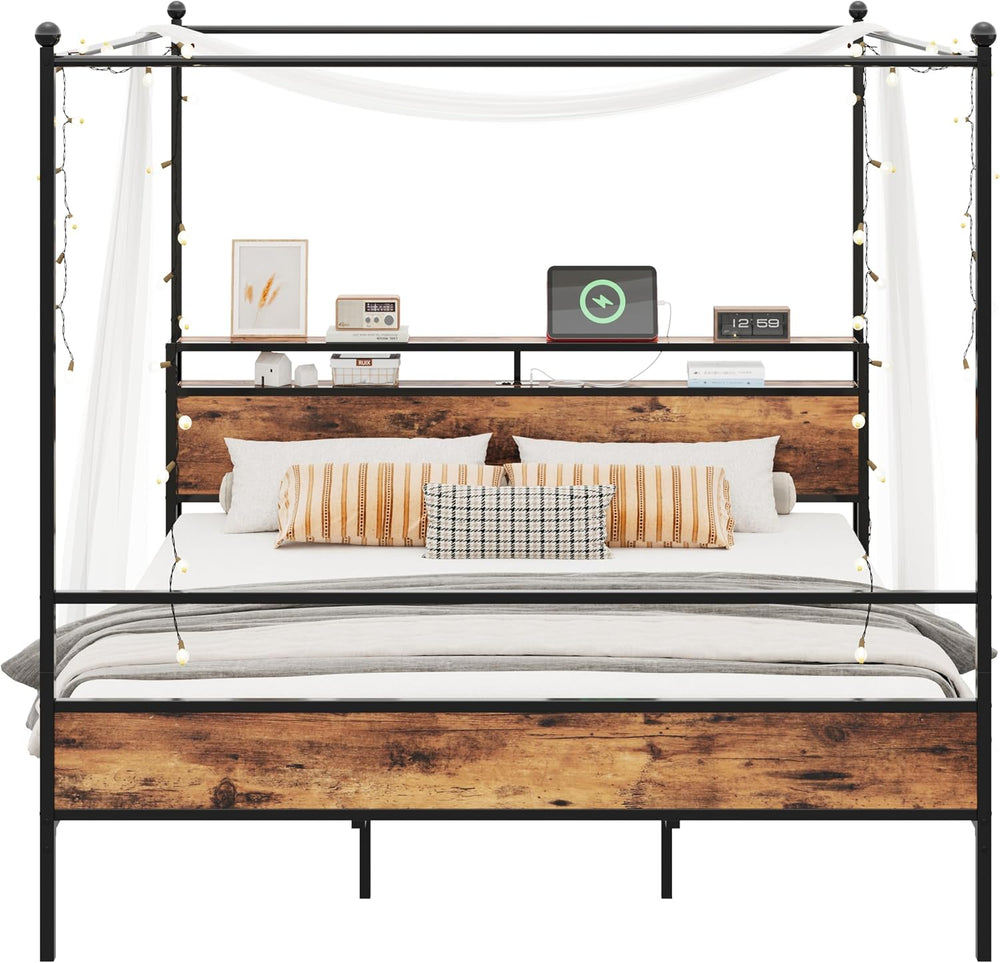 LIKIMIO Canopy Bed Frame King with Storage Headboard & Charging Station, ...