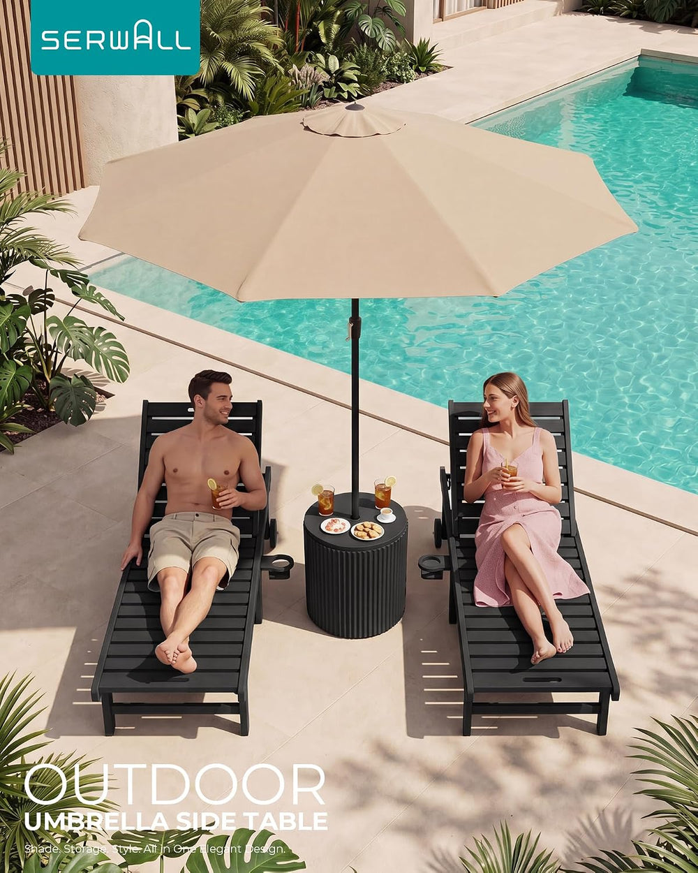 SERWALL Outdoor Round Umbrella Side Table,3-in-1 Multi-Functional Use,Black