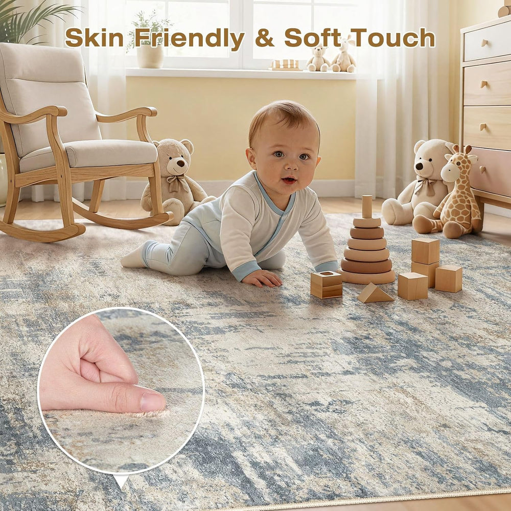 cotiled 10x14 Area Rugs Living Room: Washable Abstract Rug Light Blue