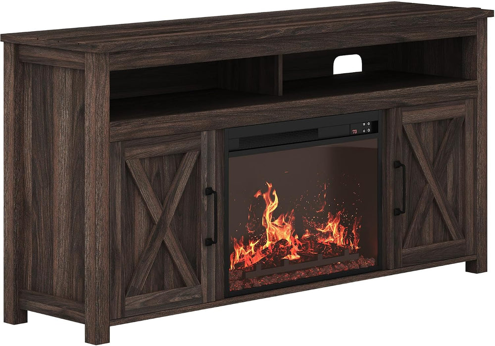 BELLEZE Corin 58" TV Stand with 23" Electric Fireplace - Dark Walnut