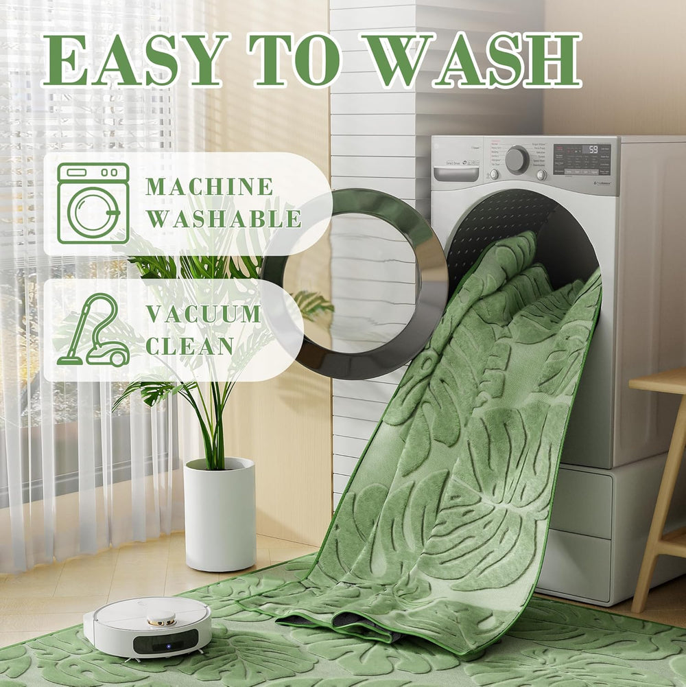 Sage Green Monstera 8x10 Area Rugs High-Low Plush Pile Washable