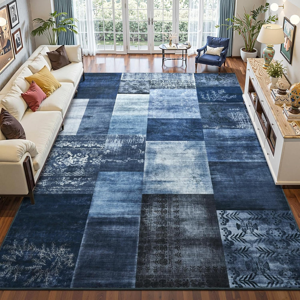 DweIke Washable Area Rugs 4x6 for Living Room, Modern Geometric Navy Blue Sof...