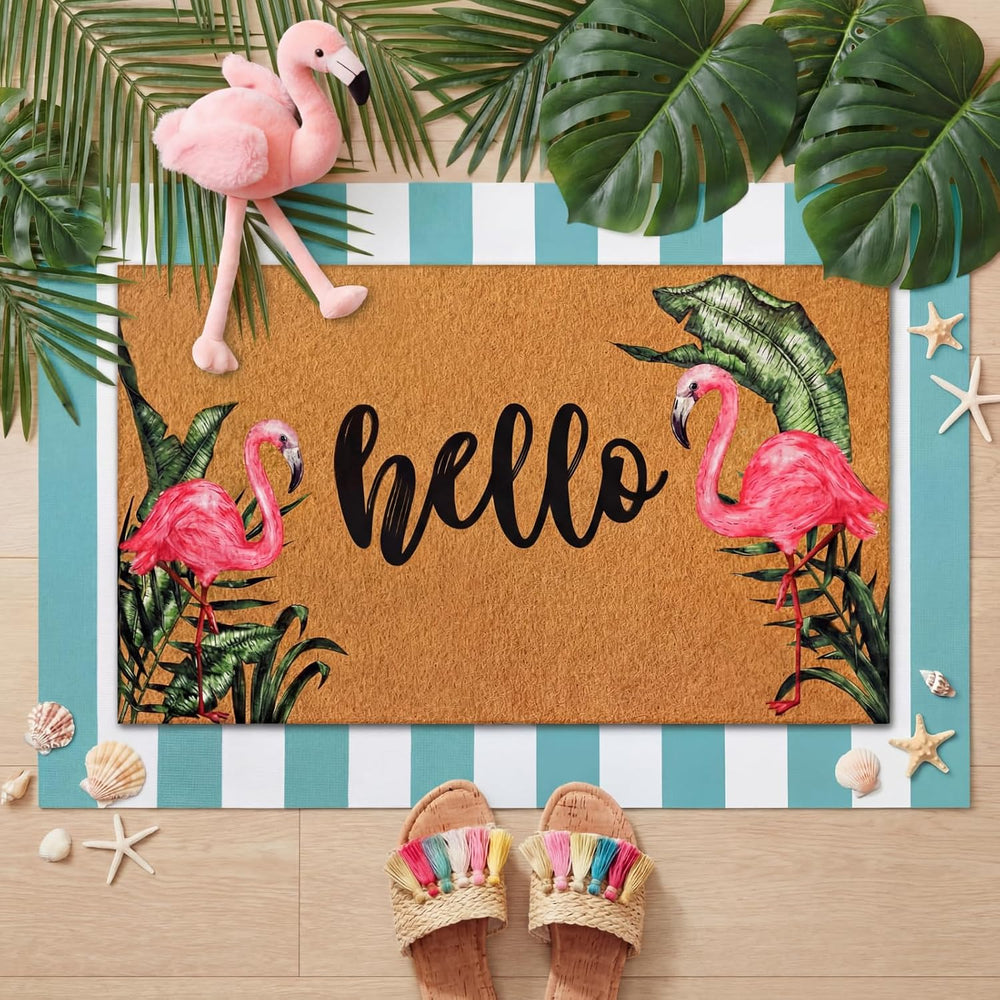 Tinideya 2 Pcs Summer Door Mat Flamingo Welcome Non Slip Coir Hello Mats Floo...