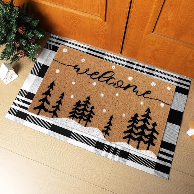 Tinideya 2 Pcs Door Mat Welcome Non Slip Coir Mats Floor Layering Doormats Se...