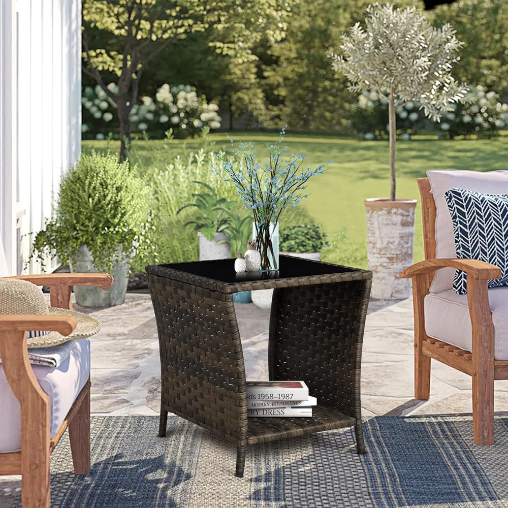 Outdoor Wicker Side Table, Rattan End Table, Glass Top,Patio Garden