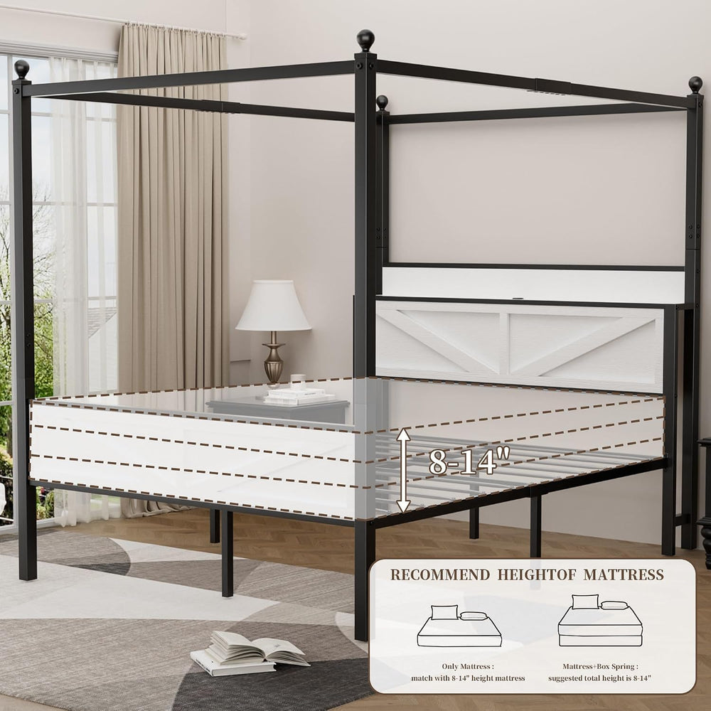 Canopy Bed Frame Queen Size with Barn Storage Headboard, White