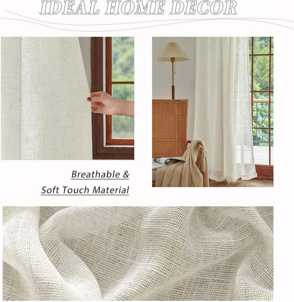 Natural Linen Beige Sheer Curtains 96 Inches Long for Living Room Farmhouse R...