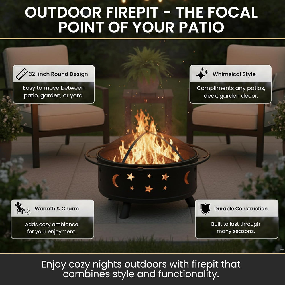 Fire Pit - 32-Inch Outdoor Wood Burning Firepit with Screen, Poker, and Cover...