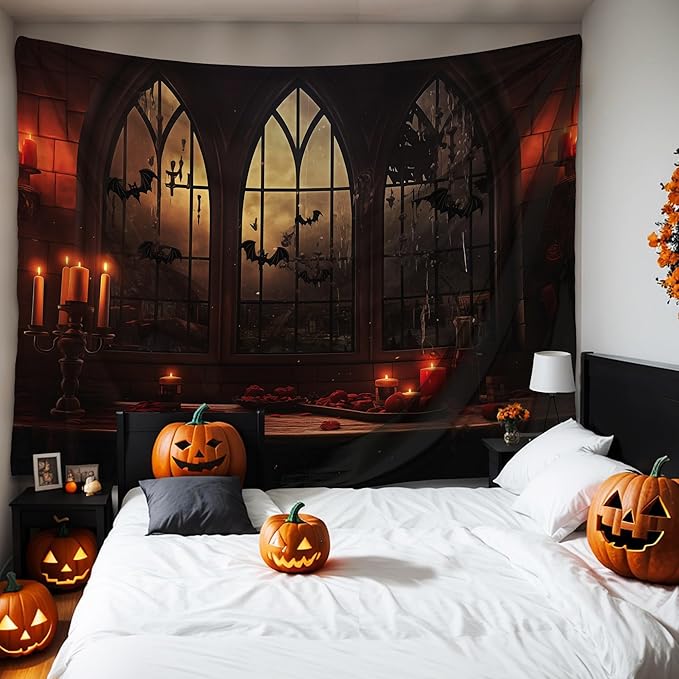 QGHOT Halloween Tapestry Wall Hanging Horror Castle Window Tapestry Gothic Sp...