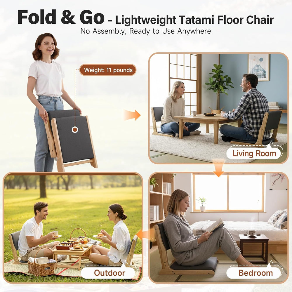 Tiita 2-Pack Foldable Meditation Floor Chairs, Back Support, Wood Dark Grey
