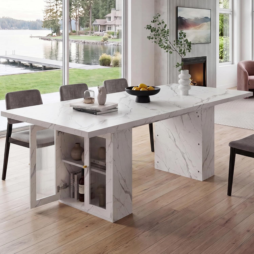 51"-78" Extendable Dining Table for 4-8, White Faux Marble Dining T...