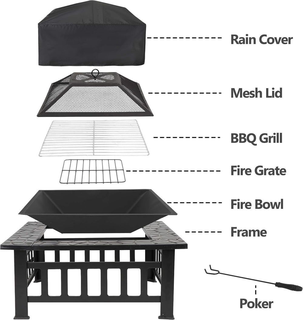 HomGarden 32" Fire Pit Outdoor Patio Square Metal Heater Deck Firepit Ba...