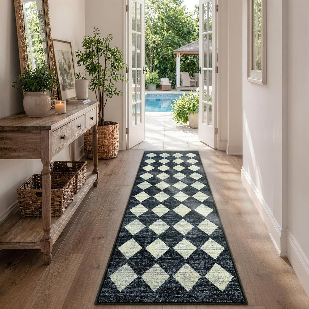 Checkered Kitchen Runner Rug 2x6 Black, Non Slip Washable Hallway Bathroom