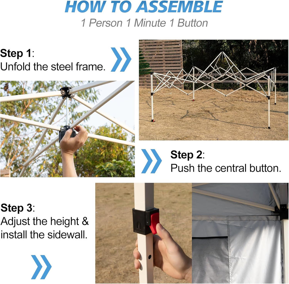WEIZE 10x10 Pop Up Canopy Tent, 1-Button Push Setup Canopy Tent with 1 Sidewa...
