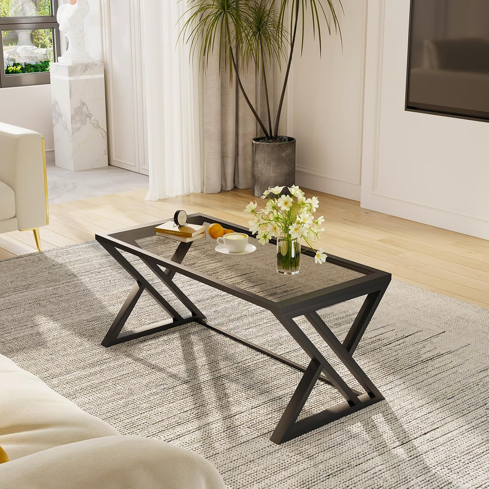 Wolawu Coffee Table Grey Glass Coffee Table for Living Room,Modern Rectangula...