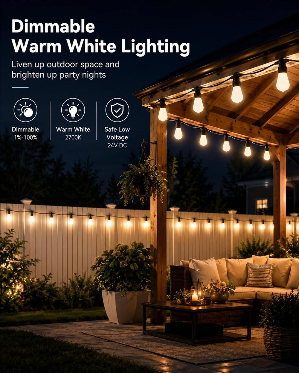 Smart Outdoor String Lights, 100FT RGBW Color Changing Patio Lights with Remo...