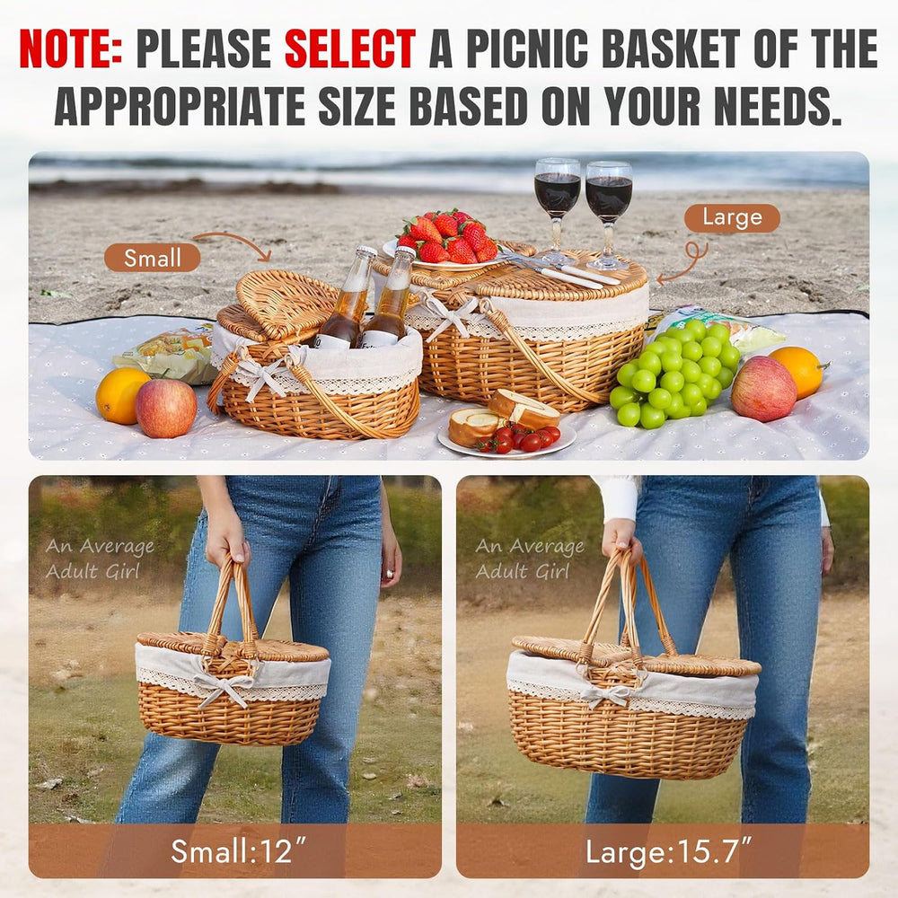 HappyPicnic Wicker Picnic Basket with Handle & Lid, 15" Vintage Hand...