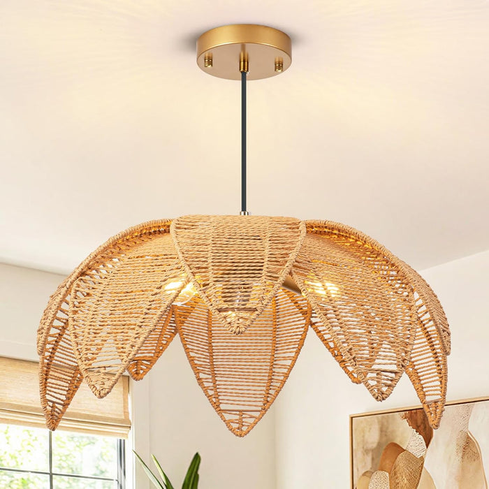 BELS 24" Rattan Chandelier, 3-Light Farmhouse Boho Wicker Pendant Light, Hand Woven Coastal Hanging Light Fixture with Gold Canopy for Dining Room Kitchen Island Bedroom Living Room Foyer