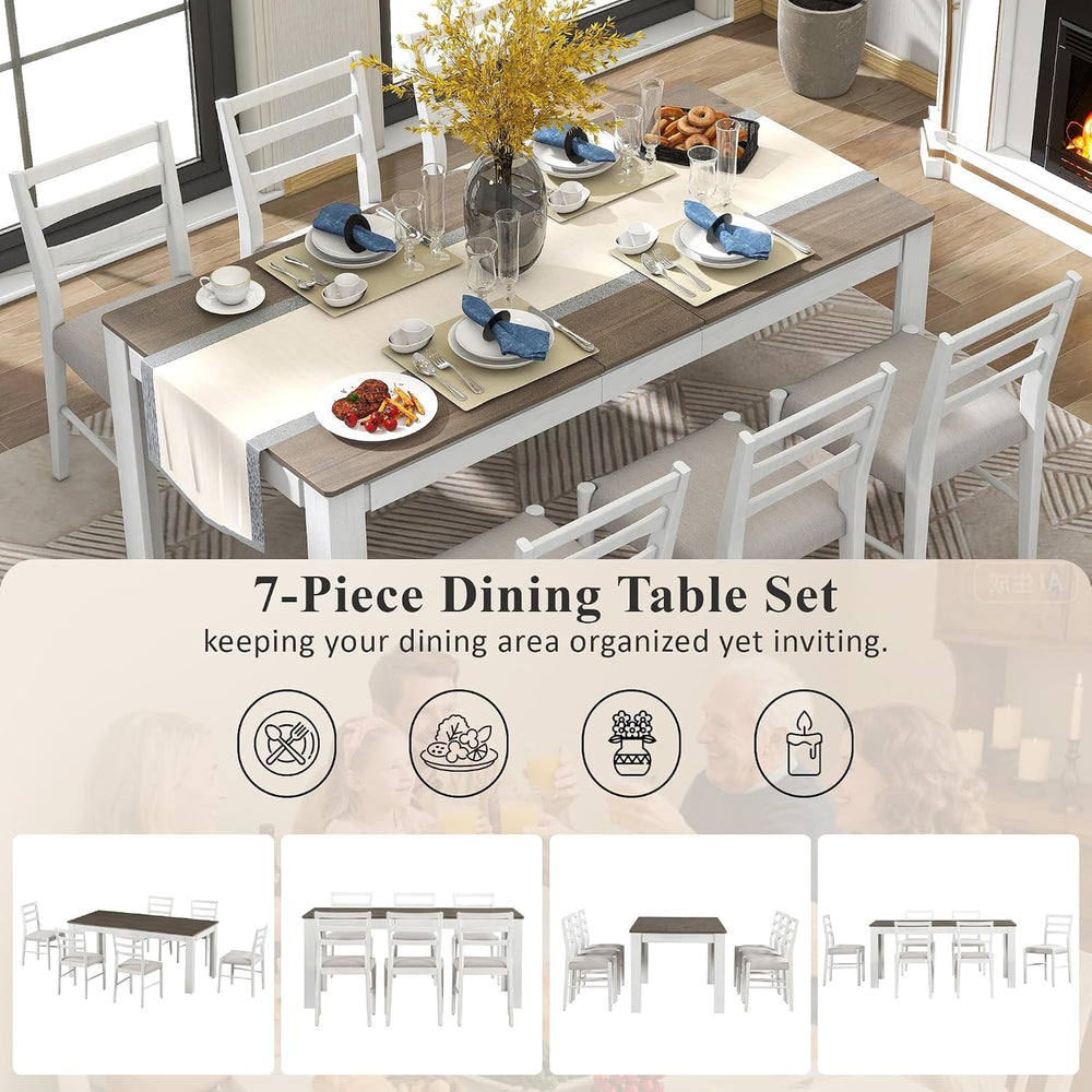7 Pieces Dining Table Set Wooden Rectangle Extendable Table with 12” Leaf and...