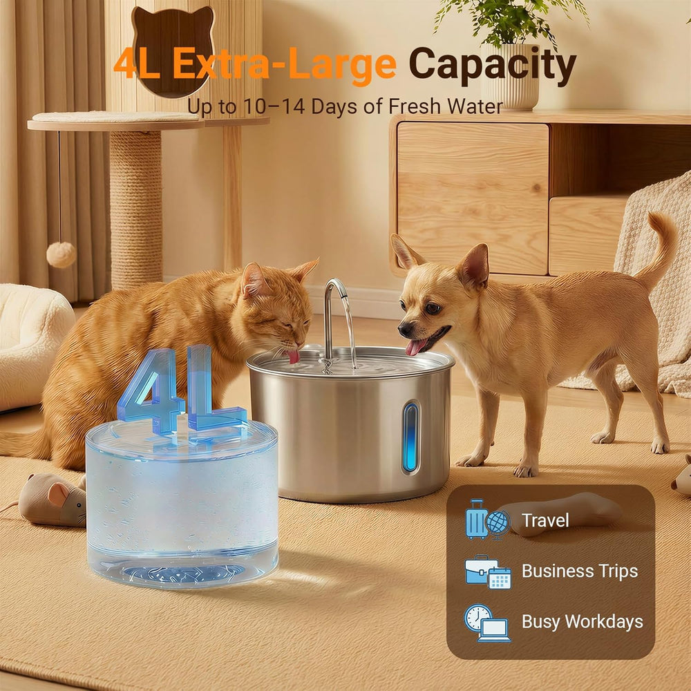 Stainless Steel Cat Water Fountain, 4L Quiet Pet Fountain for Cats & Dogs