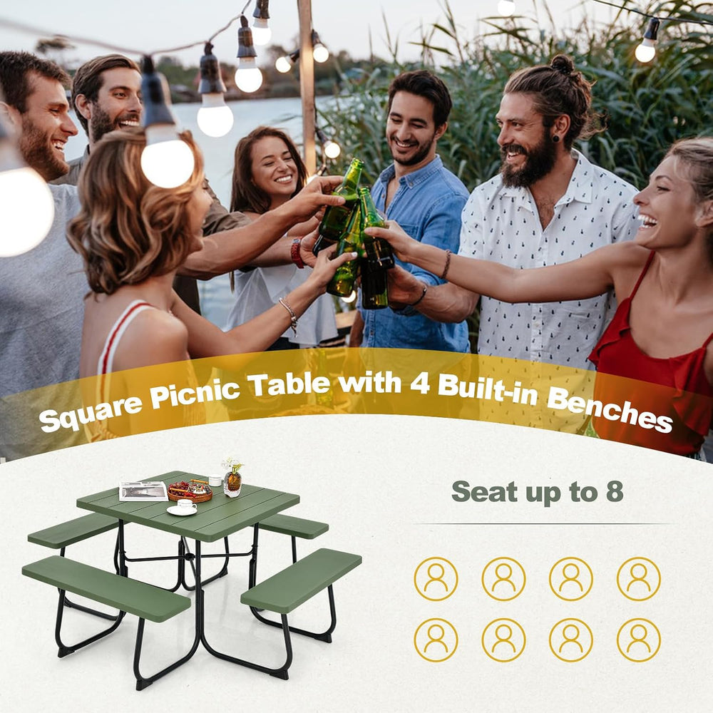 Tangkula 8 Person Picnic Table, Outdoor Square Picnic Table with 4 Built-in B...
