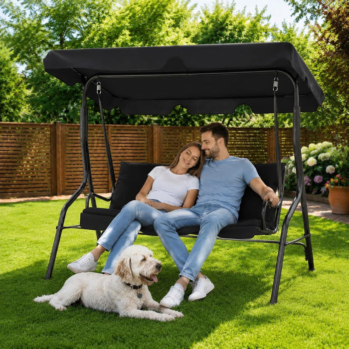 Garvee 3 Seat Outdoor Porch Swing with Adjustable Canopy, Patio Swing Chair with Stand, Metal Frame, Thick Cushions, 500 lb Capacity, Outdoor Swings for Adults, Backyard Garden Deck, Black