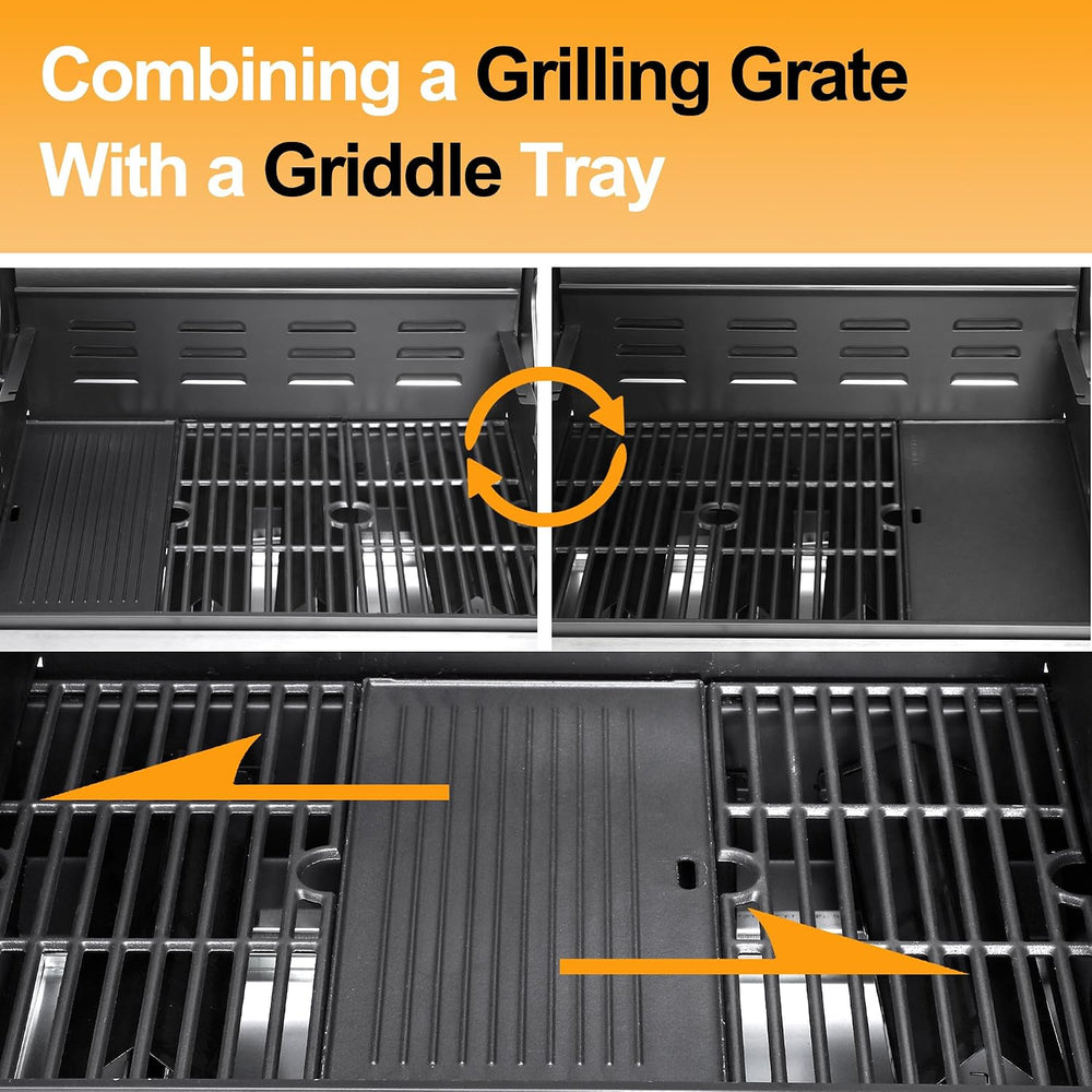 49000 BTU Propane Gas Grill, 4 Burner + Side Burner, Cast Iron Grids