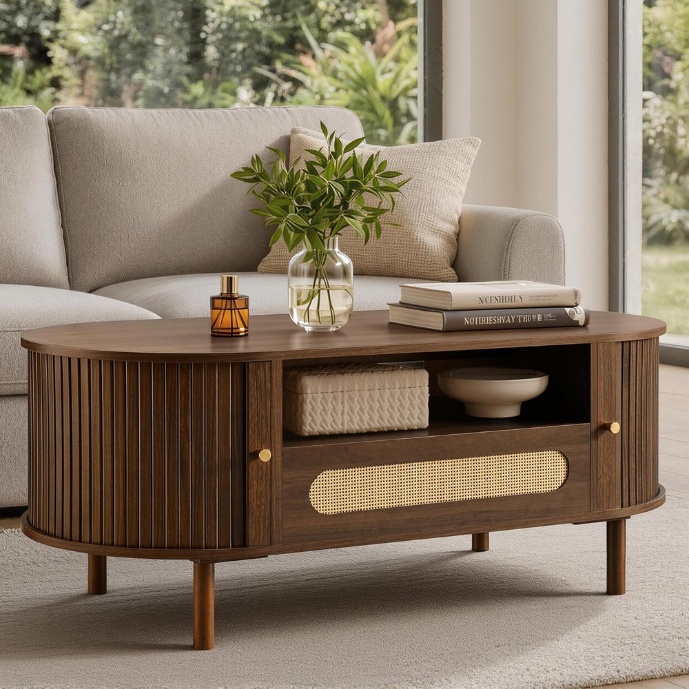 KISLOT Oval Coffee Table with Drawer,47.2" Fluted Center Table for Livin...