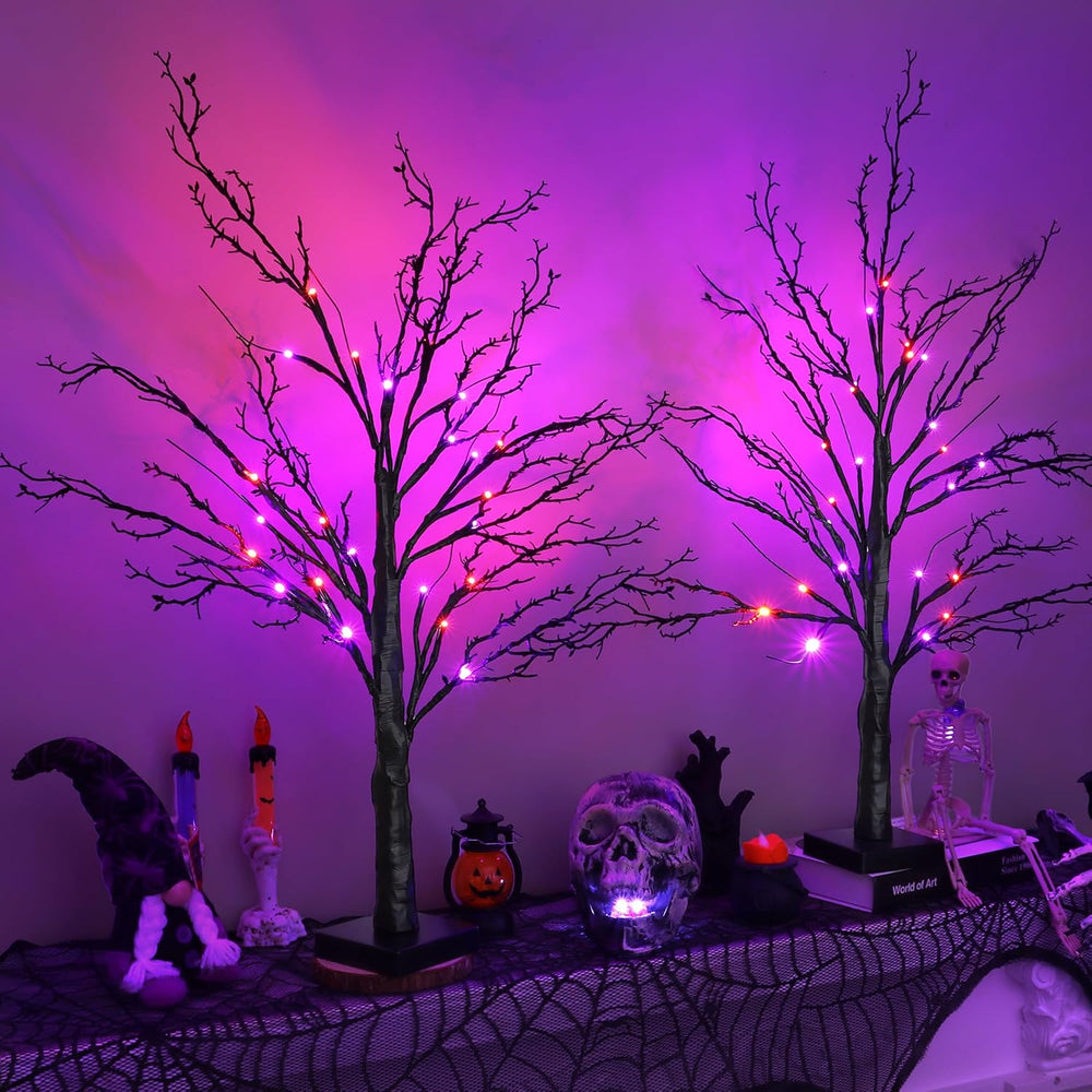 2 Pack 24 Inch Spooky Black Halloween Tree Decorations for Indoor Home Table,...