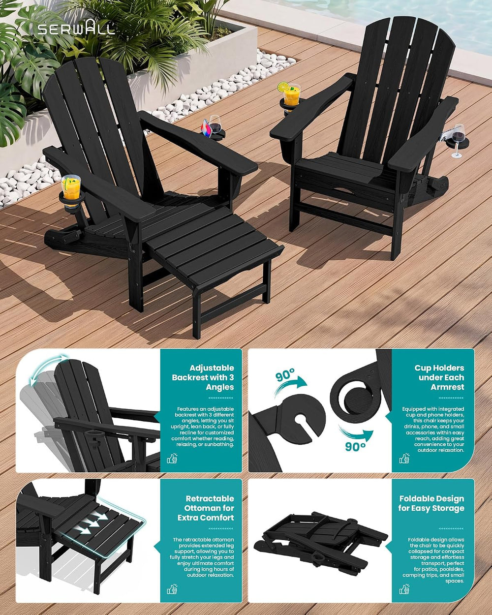 SERWALL HDPE Folding Adjustable Adirondack Chair with Footrest, Black