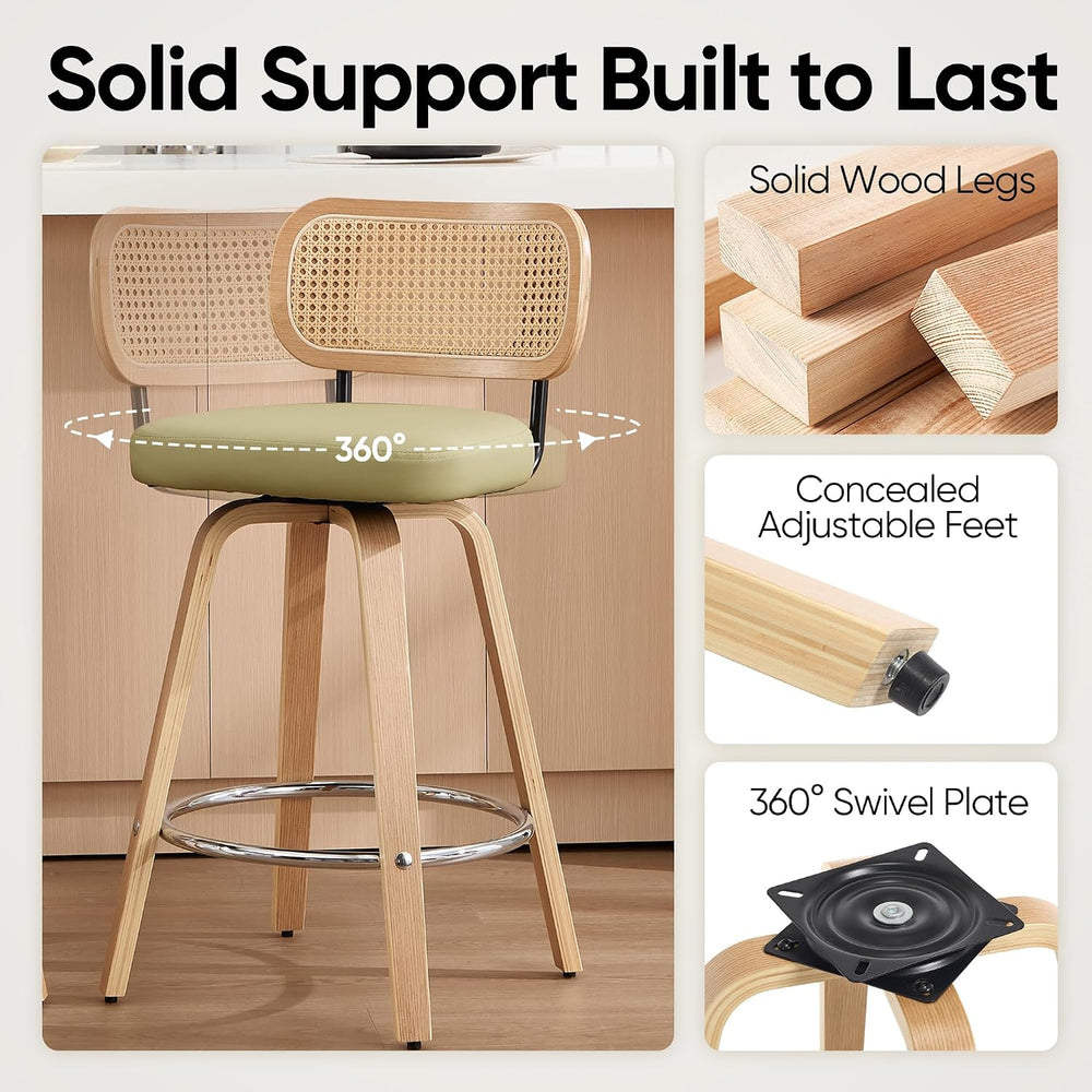Rattan Bar Stools Set of 2,Upholstered PU Leather, 26‘’ Counter Height Barsto...