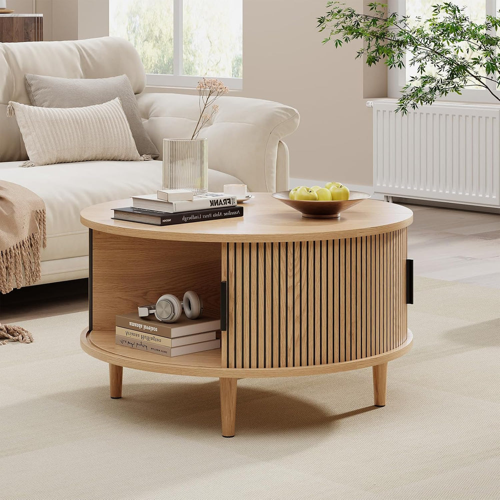 Round Coffee Table with Storage, Mid Century Modern Coffee Table, Fluted Dini...
