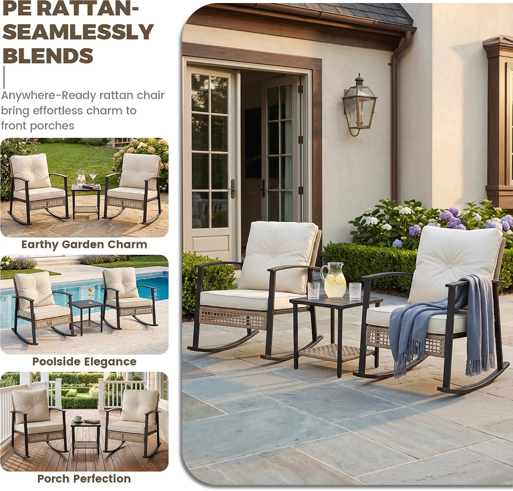 TARKARI 3-Piece Patio Rocking Chairs Set of 2, Rocking Chair Bistro Set [Upgr...