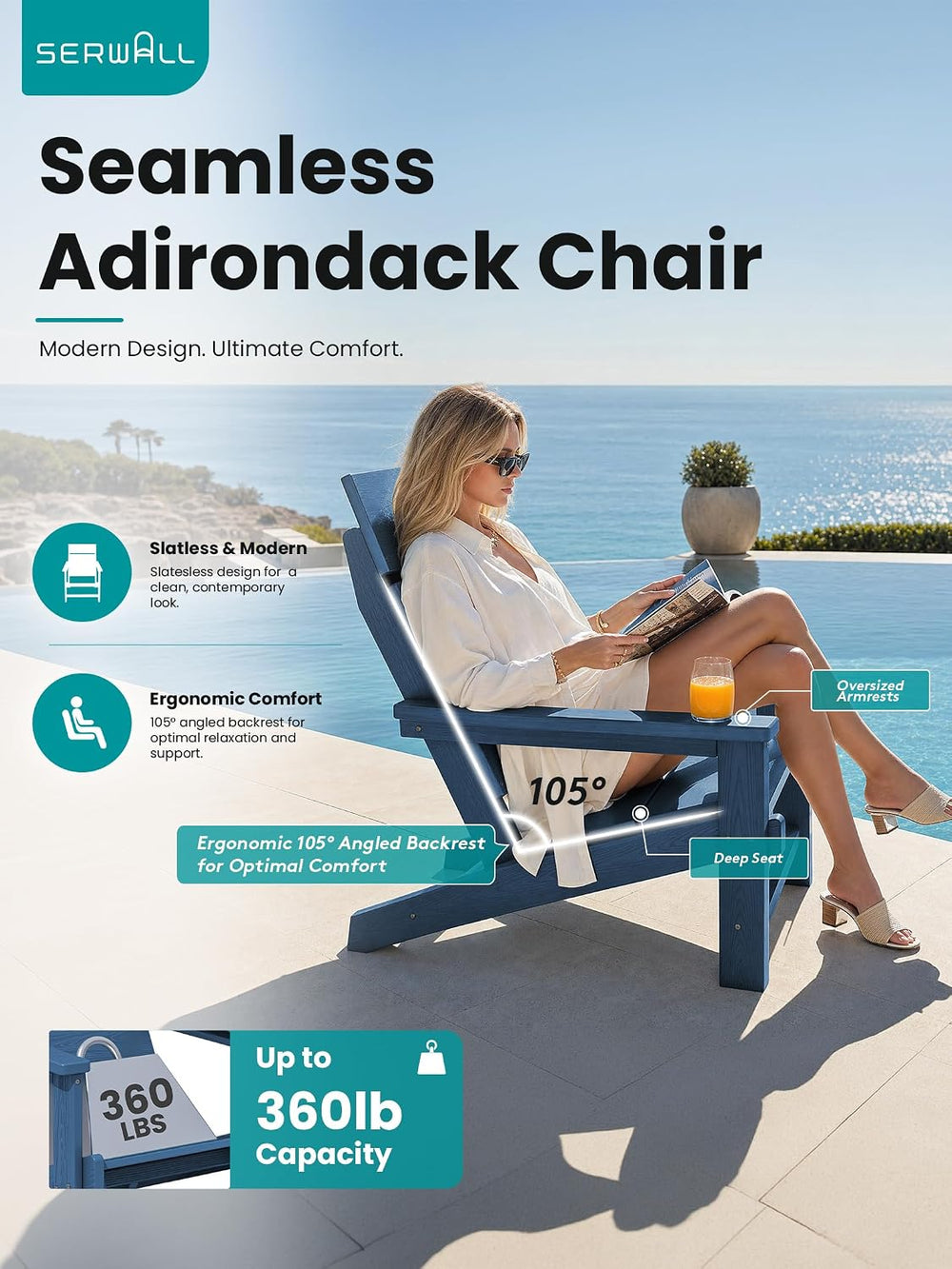 SERWALL Modern Adirondack Chairs Set of 6,Slateless,Solid Backrest,Blue